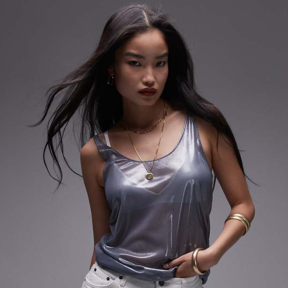 Topshop metallic foil sheer tank in charcoal